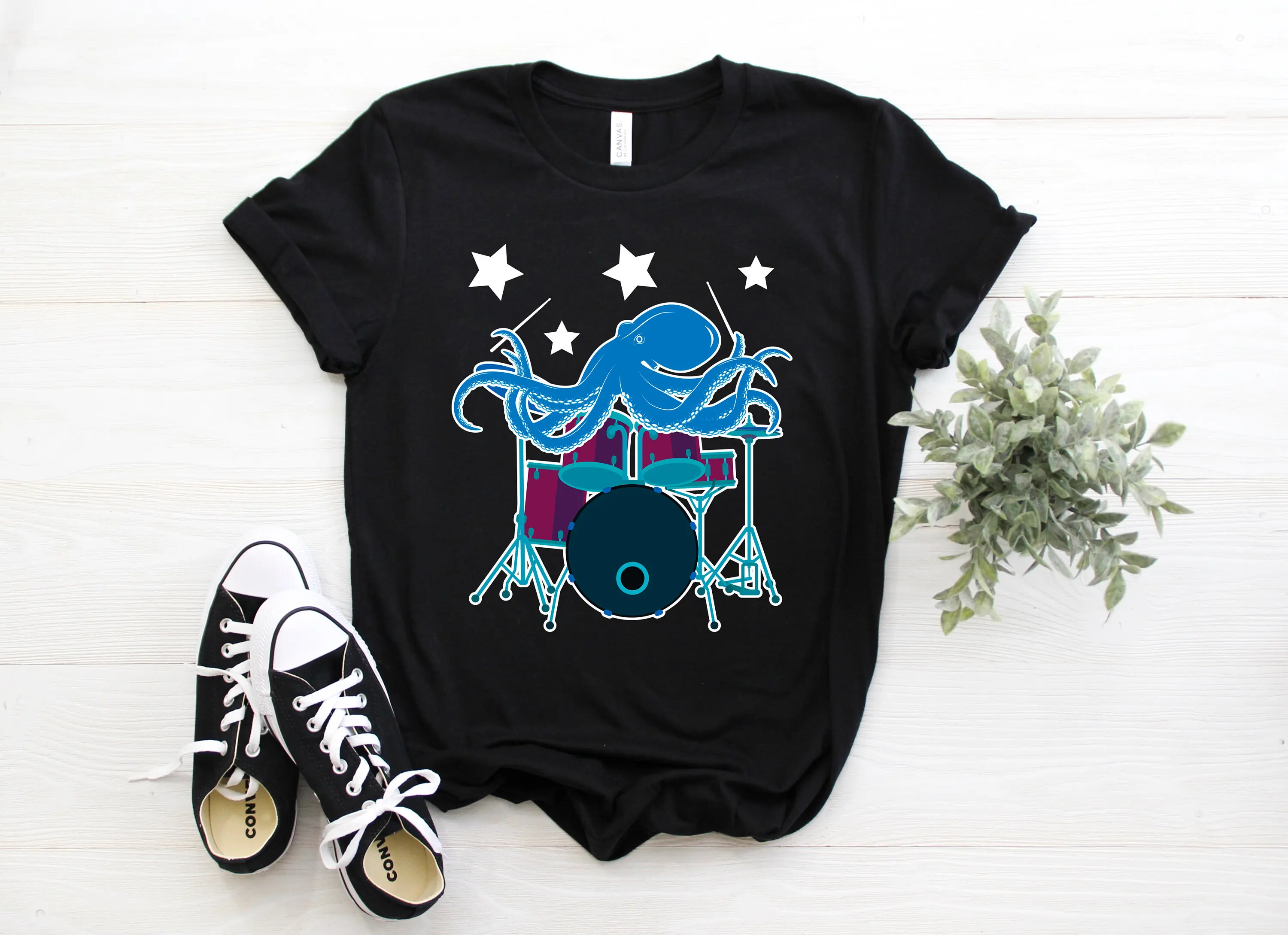 Cool Octopus Lover T Shirt Funny Drummer Band Kraken Tentacles Crop Sea Monster Live Music Concert Party Present