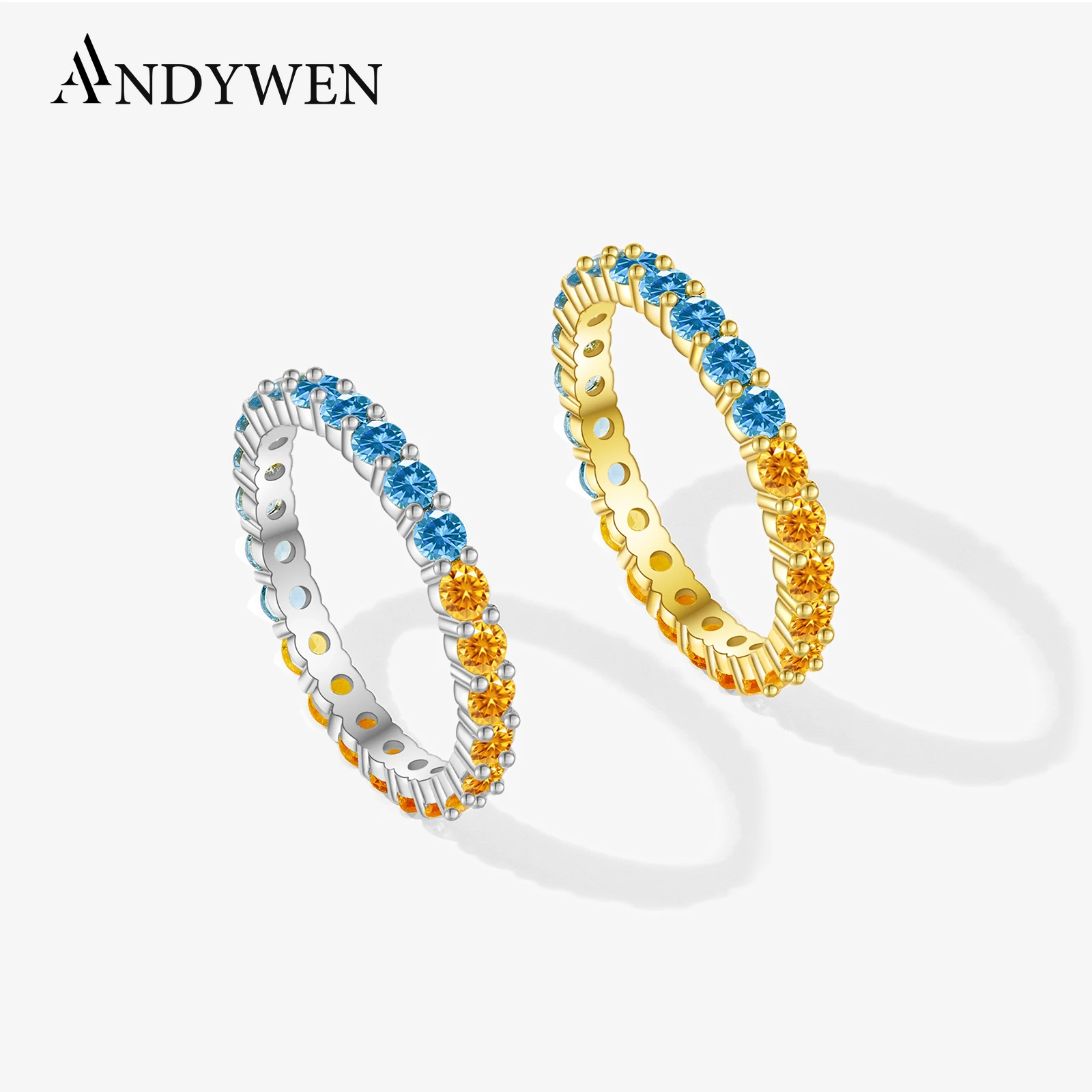 ANDYWEN New 925 Sterling Silver Size 5 to 9 Round Aquamarine Blue Yellow CZ Zircon Ring Women Rainbow CZ Fine Jewelry Gift