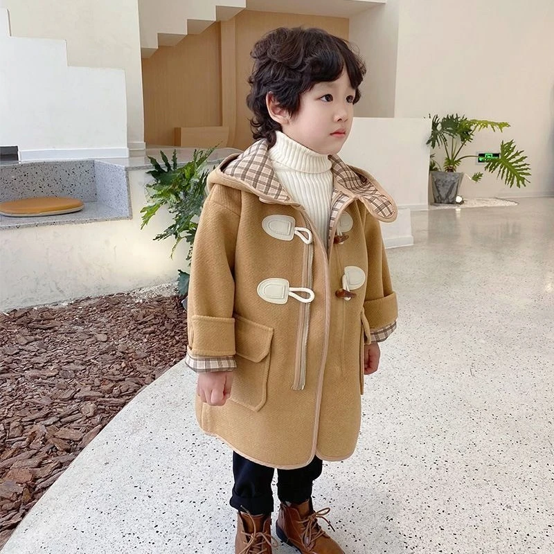 

Autumn Winter 2025 New Boys Wool Coat Mid Length Horn Buttons Trench Coat for Kids Boys Thickened Wool Blend Winter Outerwear