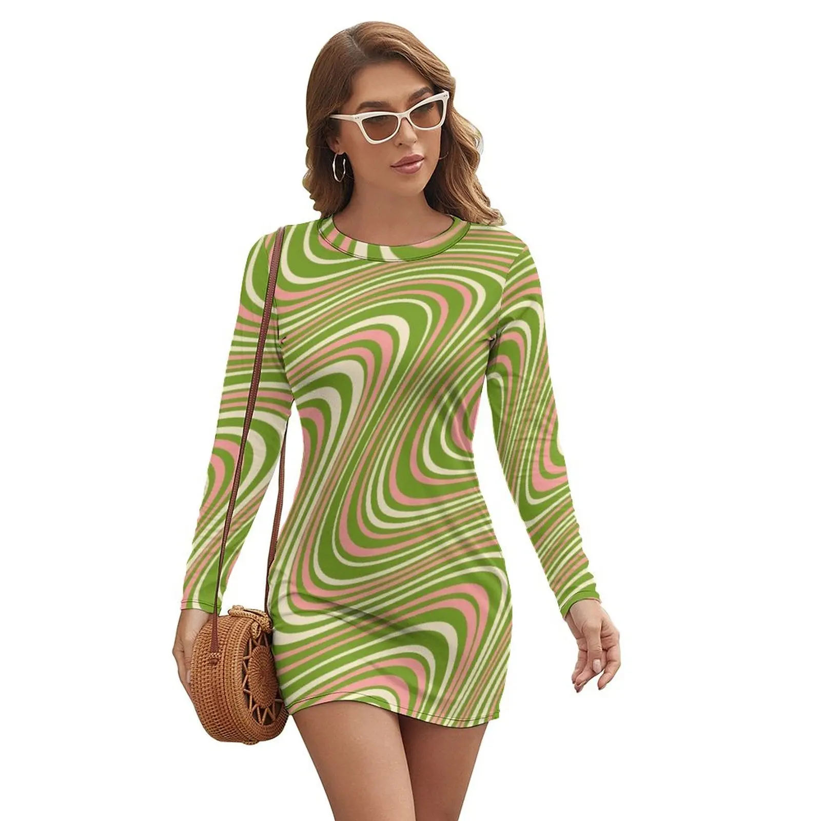 

Abstract Swirl Wavy Retro 70s Green and Pink Long-sleeved Dress dresses for womens cocktail dresses