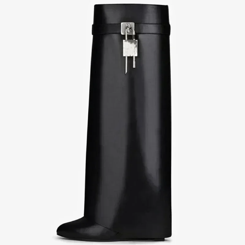 

2025 Autumn Winter Lock Boots Women Designer Knee Boots Women Brand High Heel Knight Boots Fold Fashion Gothic Wedge Long Boot