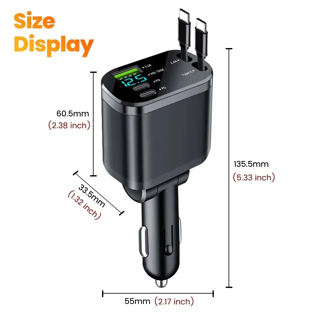 5 IN 1 Car Charger Adapter Fast Charging Type c PD with Retractable Cords Voltage Display Car Charger For iPhone Samsung Xiaomi image 5