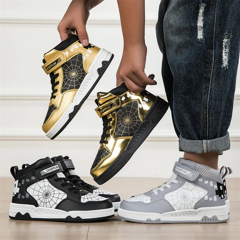 デザイン子供革製スニーカー男の子ハイカットシューズ2025新ファッションキッズスクールデイリーウォーキングカジュアルスポーツスニーカー男の子用