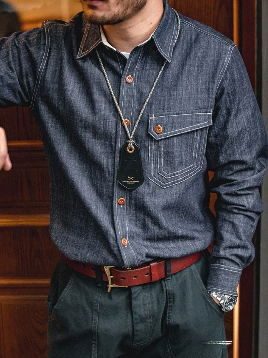 

Мужская рубашка Maden American Retro Denim с длинным рукавом, молодежная, трендовая, весенняя, приталенная, с пуговицами, из смесового хлопка и льна, в стиле рабочей одежды