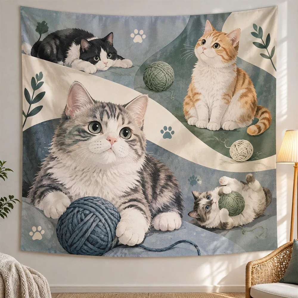 VIKAMA Cute Cat Tapestry Wall Hanging, Hand Drawn Animal Pet Lover Aesthetic Room Decor Tapestries for Bedroom Living Room