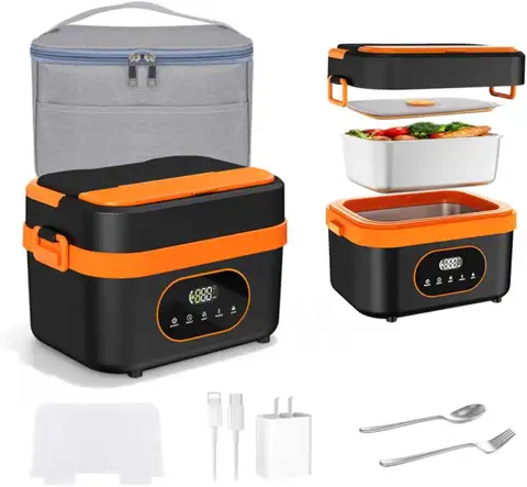 Portapranzo autoriscaldante ricaricabile da 1,5 litri con batteria da 20000 mAh, contenitore in acciaio inossidabile, strisce arancioni e nere – Ideale per