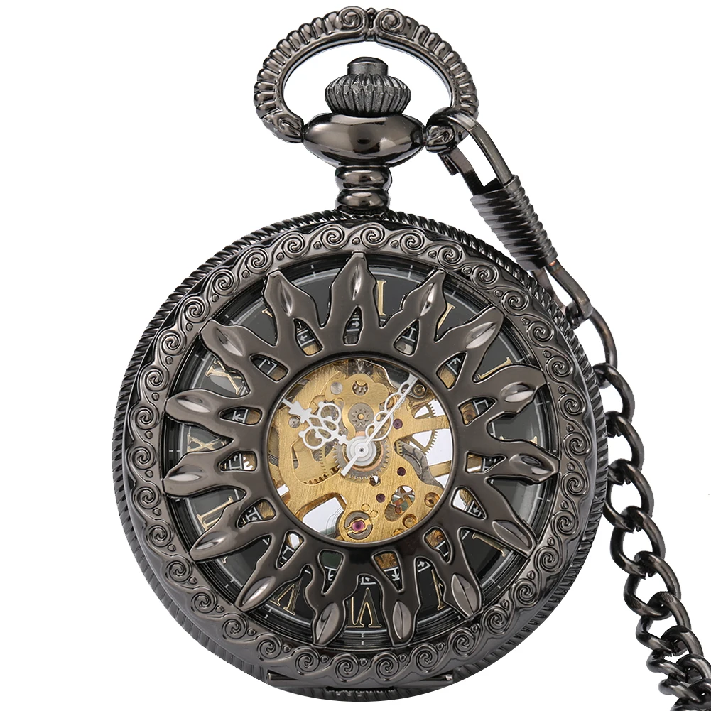 

Cool Black Hollow Sun Flower Case Design Roman Number Skeleton Mechanical Fob Pocket Watch with Chain Present for Men Women