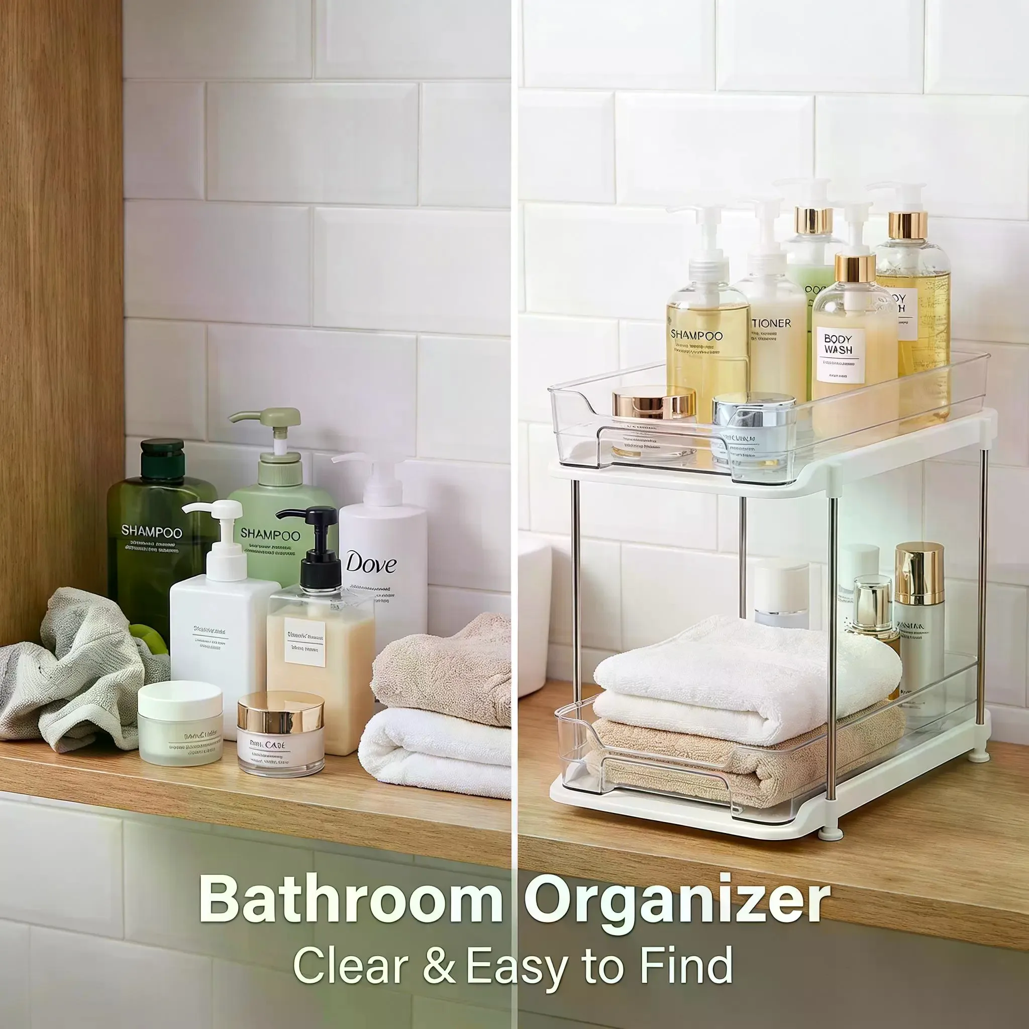 2-Tier Transparent PVC Under-Cabinet Storage Rack - Stackable Kitchen Organizer with Adjustable Dividers, Movable Pull-Out Box, Quick-View Clarity, Effortless Retrieval, Bathroom Organizing Accessories