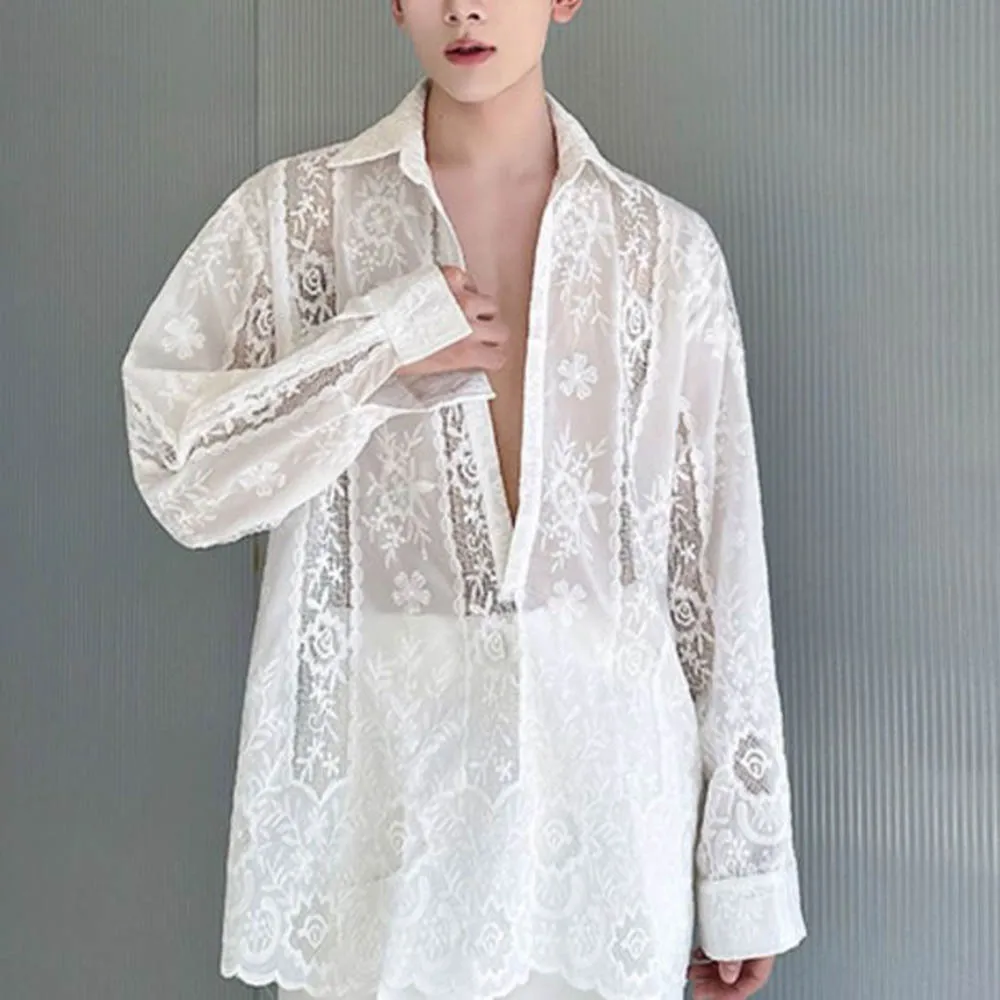 

Autumn Men's Hollow Embroidery Long-Sleeved Shirt French Retro Fashion Trend High Street Loose Casual Niche Men's Tops 2025