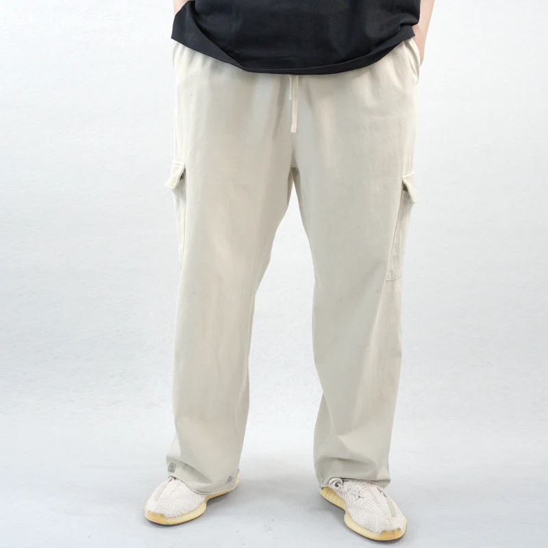 High Street Baggy Casual Cotton Beige Full Length Trousers Sweatpants Wide Leg Jogging Pants Wide Pants Male with Pocket