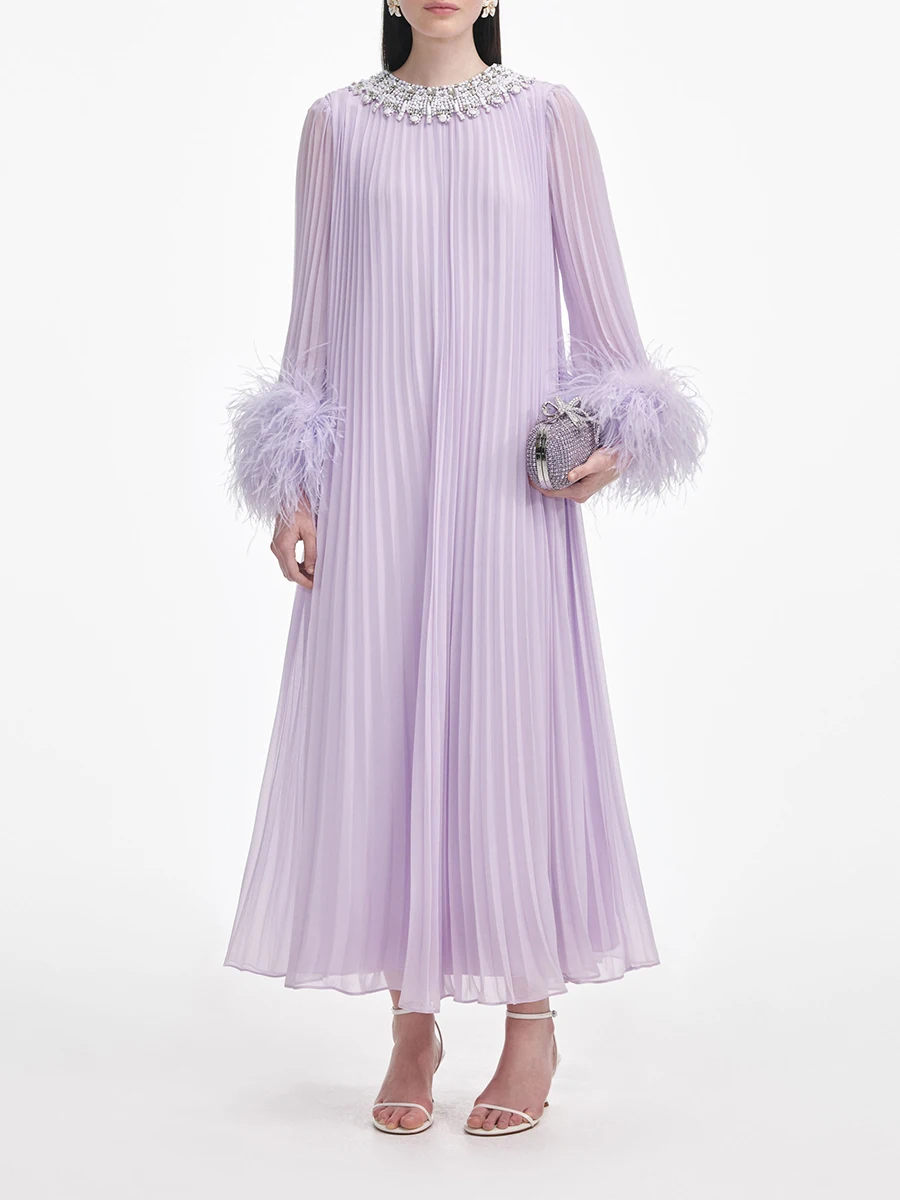 VGH Apricot Color Luxury Evening Dress for Women O Neck Flare Sleeve Patchwork Feather Loose Waist Pleated Long Dresses Female