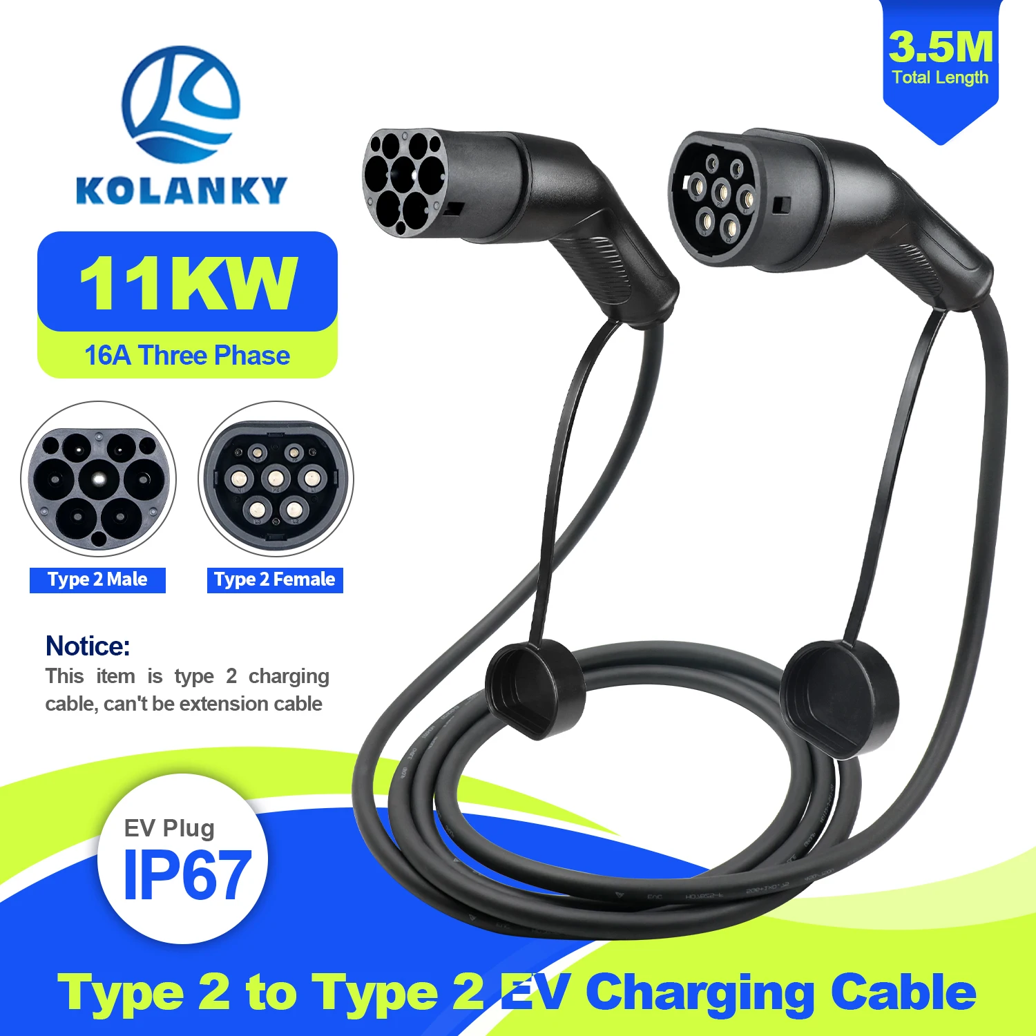 Kolanky 16A 11KW EV Charger Cable Type 2 Male to Type 2 Female Total 3.5M Length Public Charging Station On Electric Vehicle Car