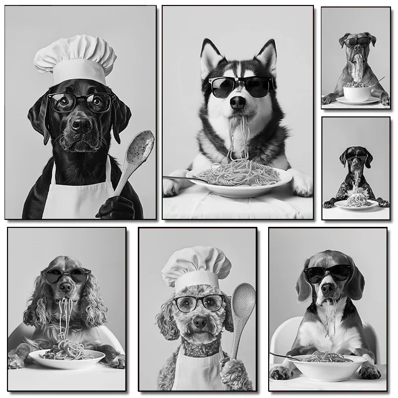 Interesting Animal Collie Eating Spaghetti Bulldog Cook Animal Portrait Poster Canvas Paintings Wall Art Pictures Home Decor