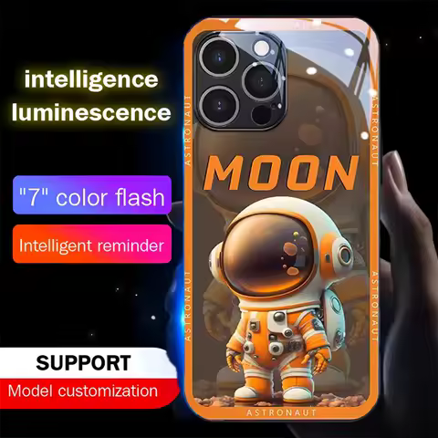 Popular Moon Astronaut Smart LED Light Glow Tempered Glass Phone Case For Samsung S25 S24 S23 S22 S21 S20 FE Note 20 Plus Ultra