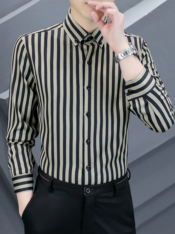 

Мужская рубашка-поло в полоску, повседневная, весна-осень, новая, в корейском стиле, с пуговицами, не требует глажки, для бизнеса и отдыха