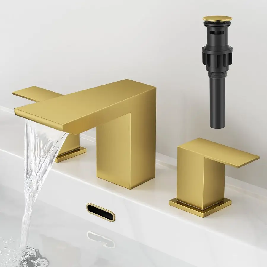 

Widespread 8 Inch Bathroom Faucets Two Handle 3 Hole Brushed Gold Bathroom Sink Faucet with Pop Up Drain Stainless Steel Mixer W