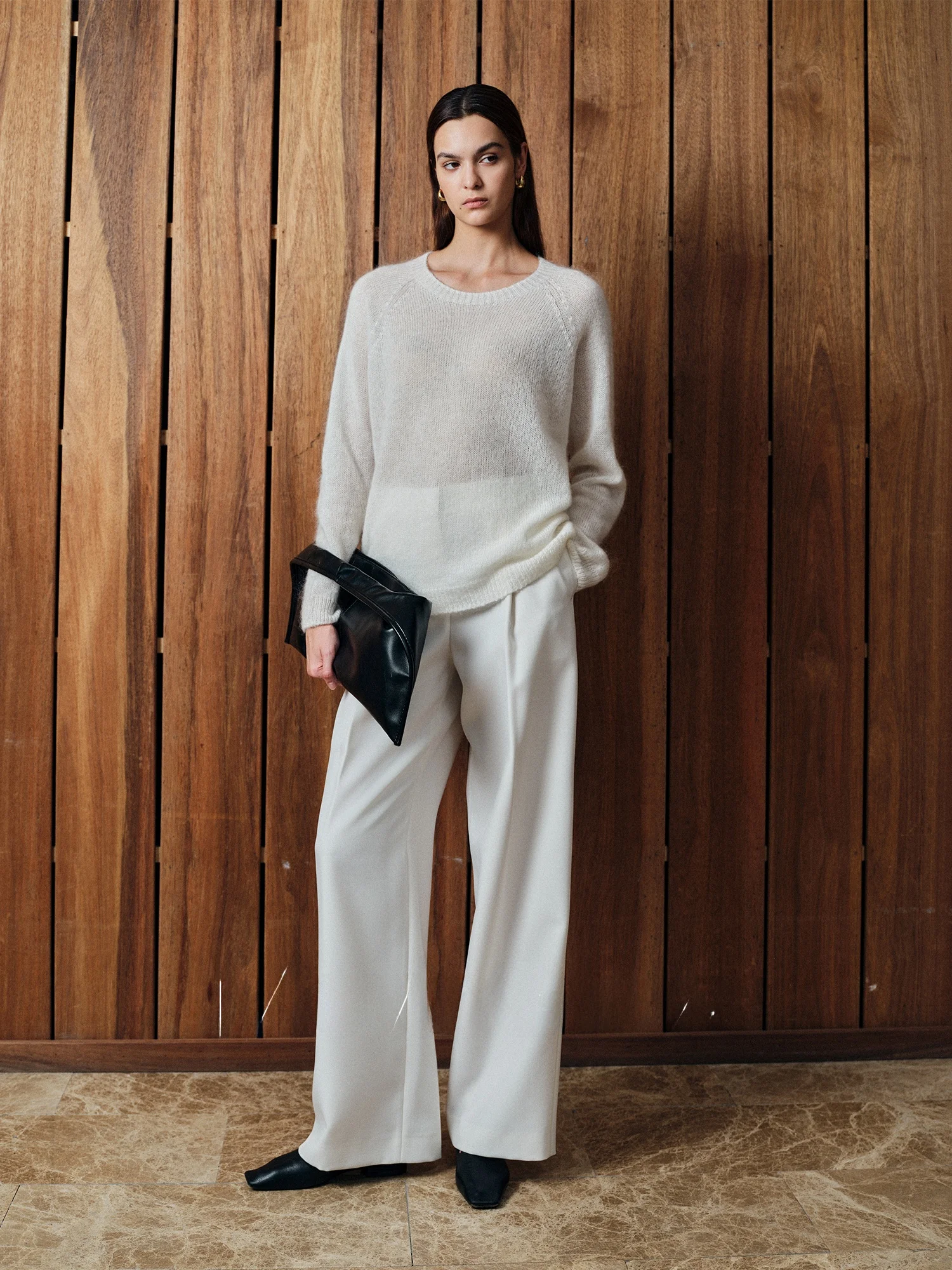 

High Densi Wide Leg Pants Easy to Maintain Smooth Pleats Diagonal Texture Commute to Work Straight Cut Trousers for Ladies