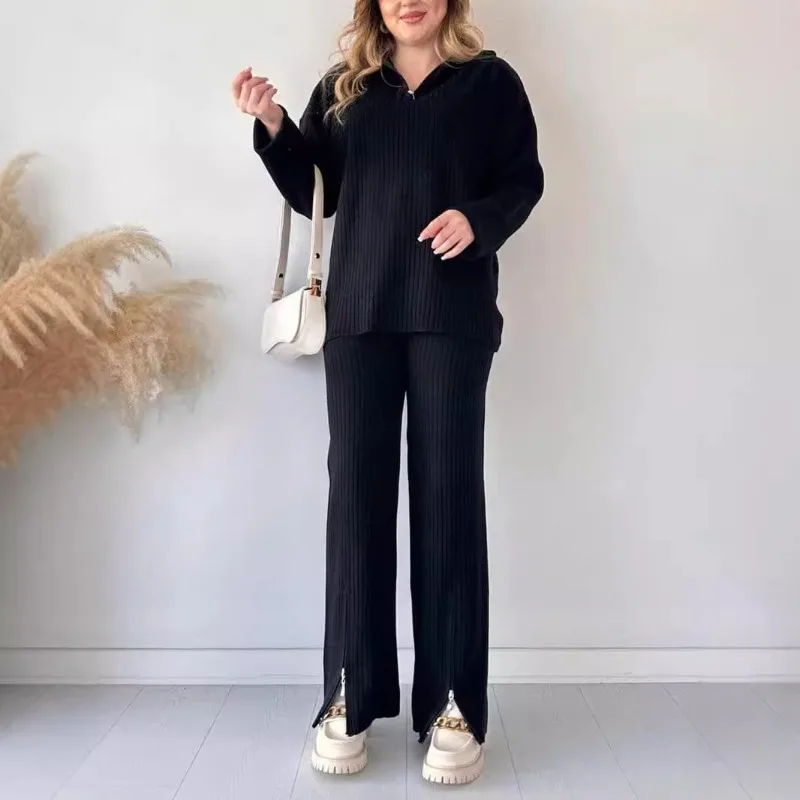 2 قطعة مجموعة بلون سستة متماسكة مجموعة الحد الأدنى النساء المتسكعون مجموعة طويلة الأكمام بلوزات وسراويل واسعة الساق ملابس منزلية مريحة