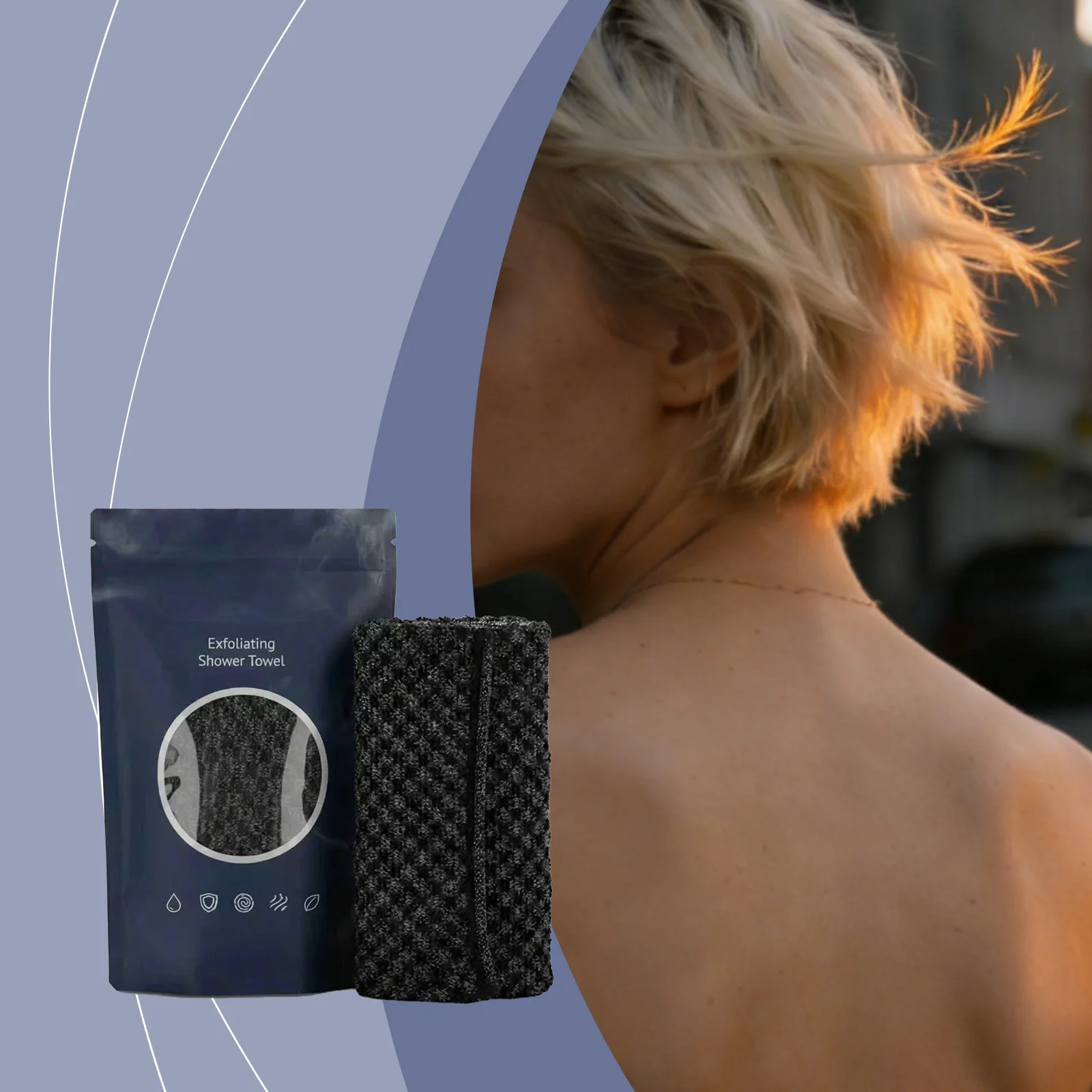 

Мягкое черное полотенце в клетку для домашнего использования - нейлоновый материал для нежного глубокого очищения и комфортного отшелушивания всего тела.