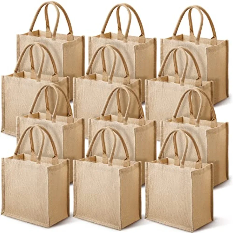 

12 Pcs Burlap Tote Bags with Hle Reusable Blank Bridesmaid Gift Bags for Shopping Wedding DIY, 12x12x7.7In Jute