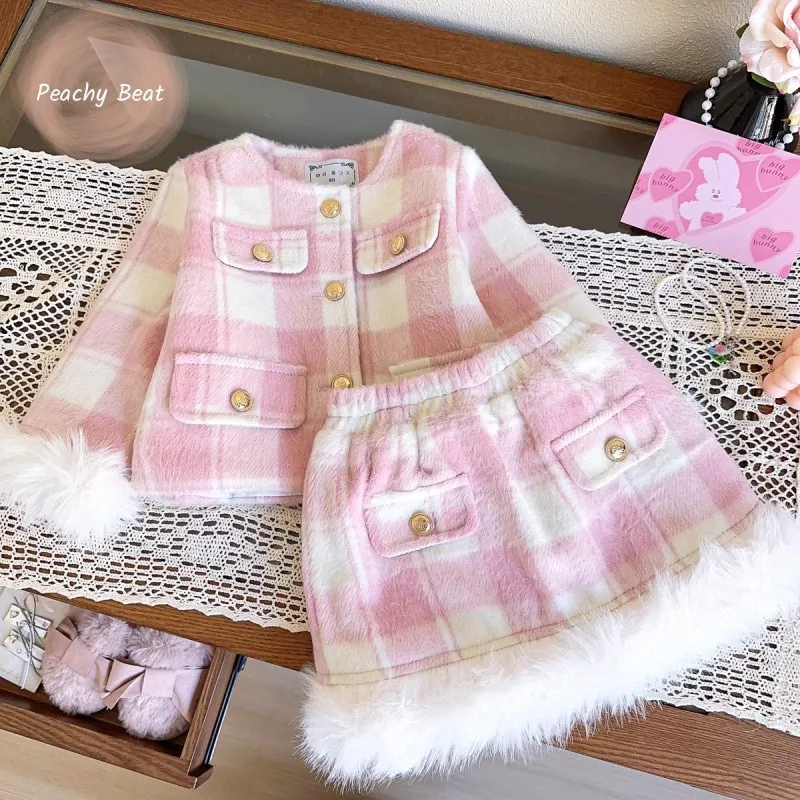 Baby Girl Princess Clothes Set Plaid Jacket+Skirt 2PCS Infant Toddler Child Warm Cottn Padded Suit Winter Baby Clothes 1-10Y