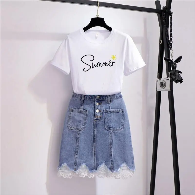 Korean Letter Printing Chrysanthemum Short-sleeved T-shirt Lace Denim Skirt Two-piece Elegant Women\'s Pants Set Summer Outfits