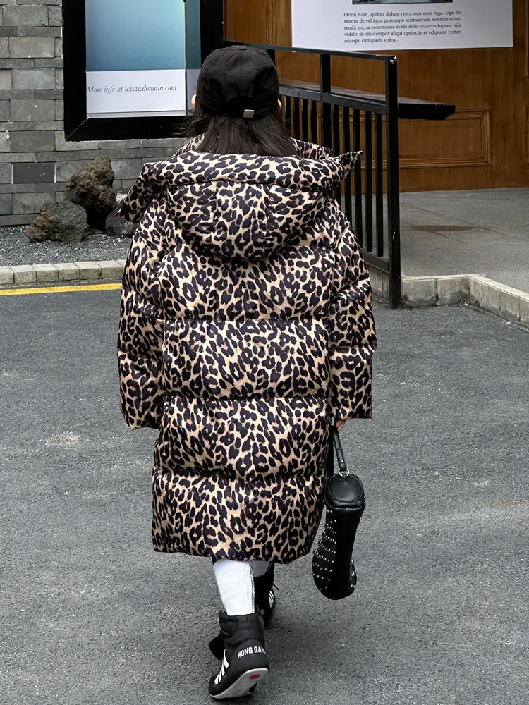 Children's Winter Down Jacket 2026 New Leopard Print Long Thick Warm Hooded Coat Boys Girls Baby Long Parka Outerwear