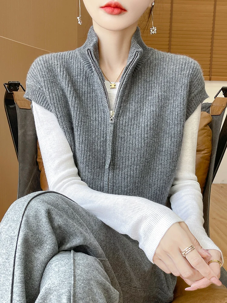 New Chic Autumn Winter Women Cashmere Vest 100% Merino Wool Sweater Waistcoat Turn Down Collar Zipper Knitwear Top Clothing