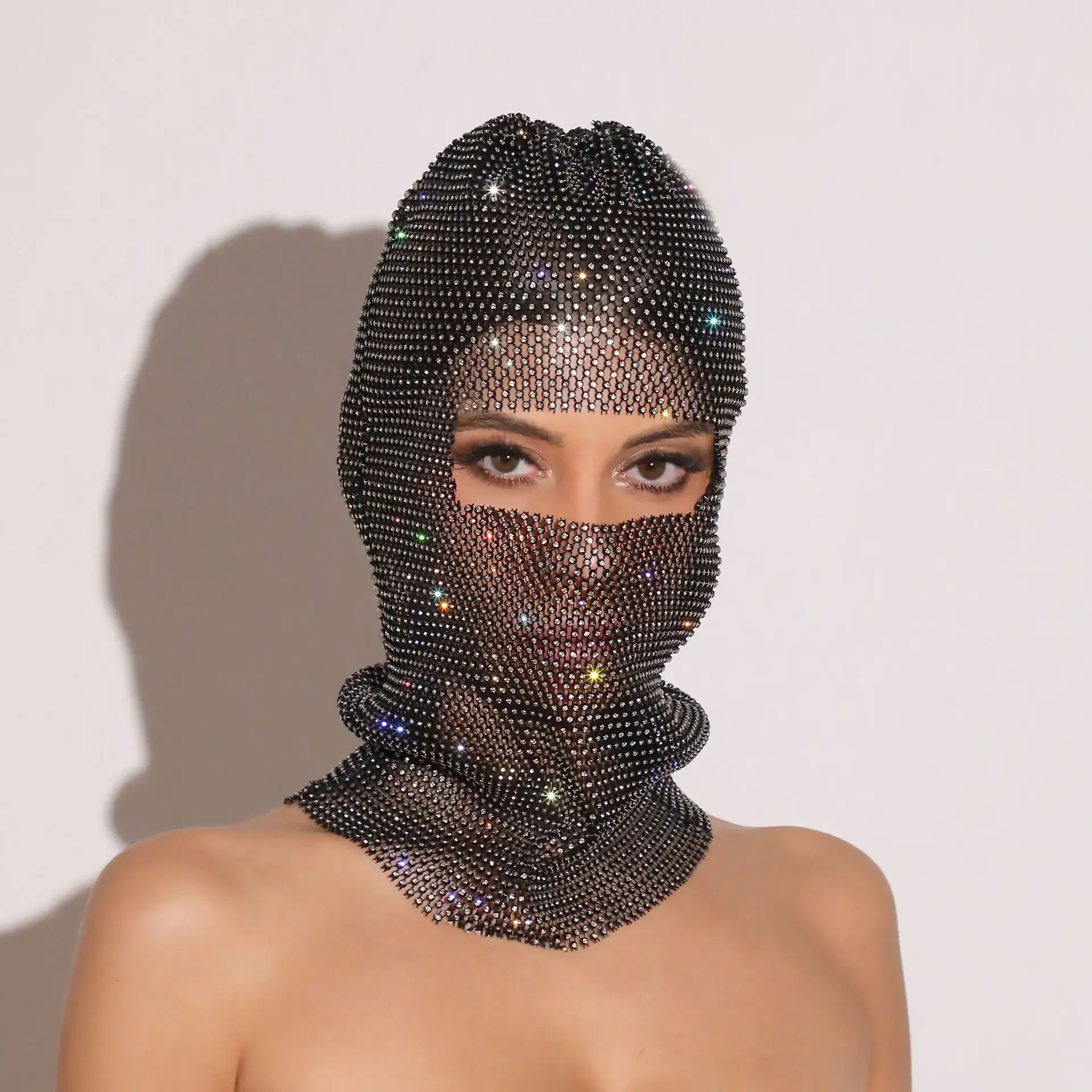 

Women Sparkly Rhinestone Fishnet Turban Hat Hollow Mesh Head Cover Fashion Headmask for Party Music Festival Stage Performance
