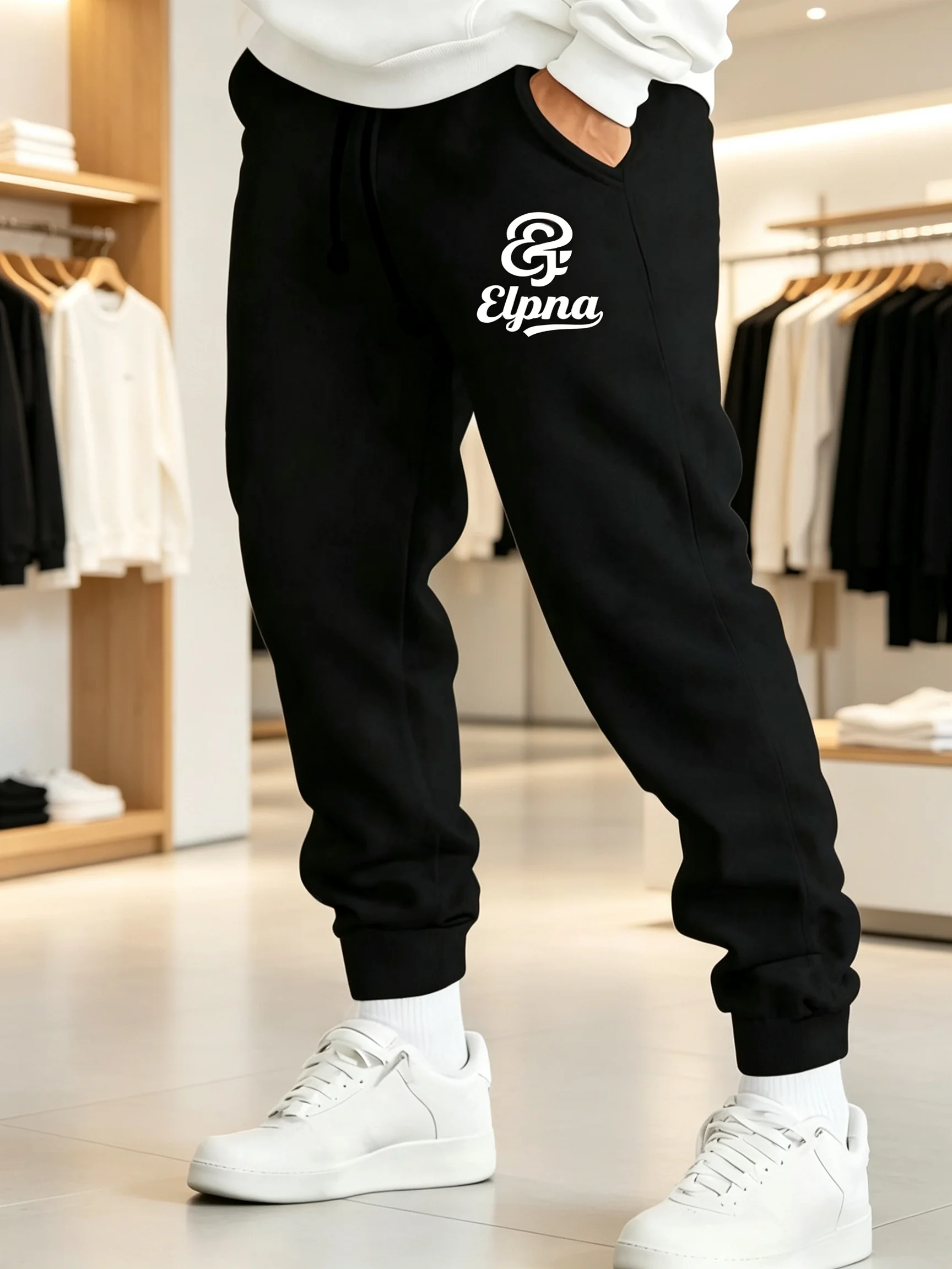 Men Elpna Logo Print Jogger Pants Cuffed Sweatpants Elastic Drawstring Waist Soft Fabric For Gym Outdoor Fall Winter Washable