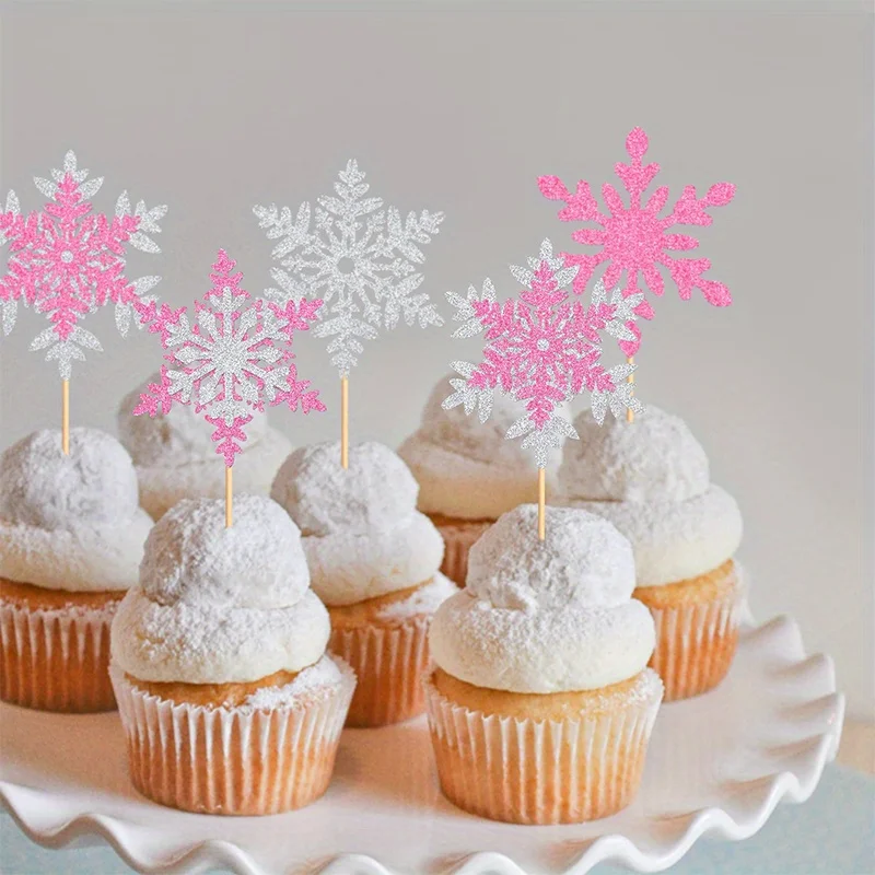 1set/12pcs Creative Snowflake Winter Theme Christmas Cake Plaque Birthday Party Paper Cup Cake Decoration Arrangement