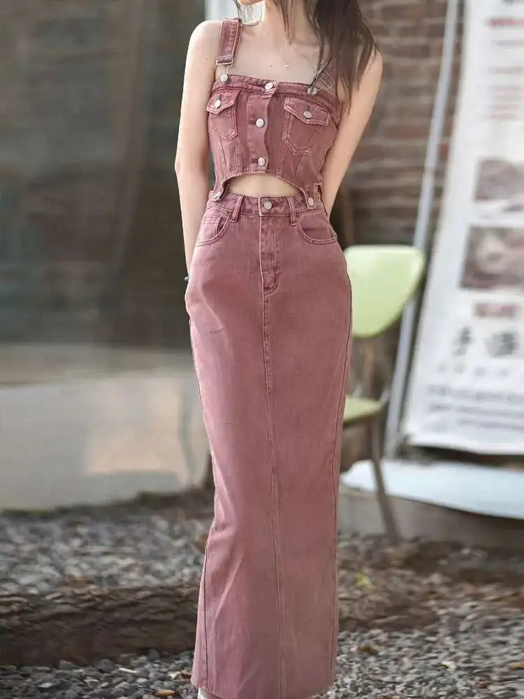 

Women's Summer Suit Women's Denim Vest Split Skirt Twopiece Set Elegant Dresses For Women Long Dress Fashion Summer Dresses 2024
