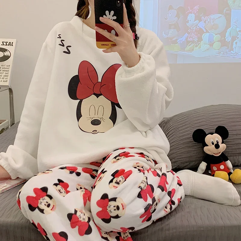 Cartoon Disney Mickey Mouse pajamas pajamas women\'s autumn and winter warm flannel two-piece set women\'s pajamas loungewear