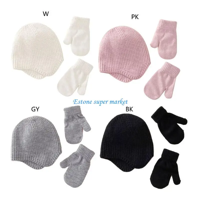 

090B Newborn Baby Infant Toddler Winter Beanie Hat Mittens Set Warm Knitted Hat Glove