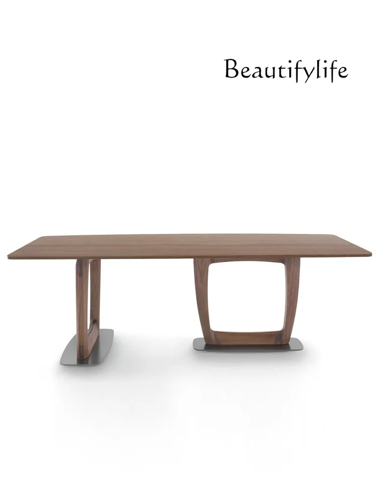 Modern Metal Black Walnut Rectangular Dining Table Large Flat Villa Studio Reception Conference Table