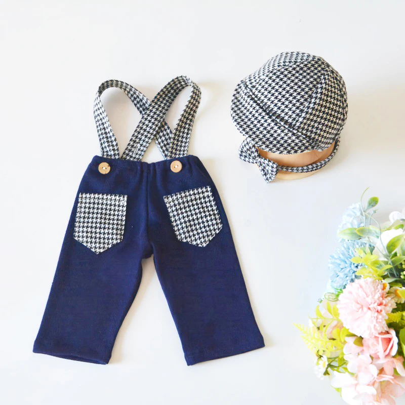 Plaid Newborn Pants with Suspenders Newsboy Cap Bow Tie Set Baby Blue Ovralls Newborn Boy Photography Outfit Baby Photo Clothes