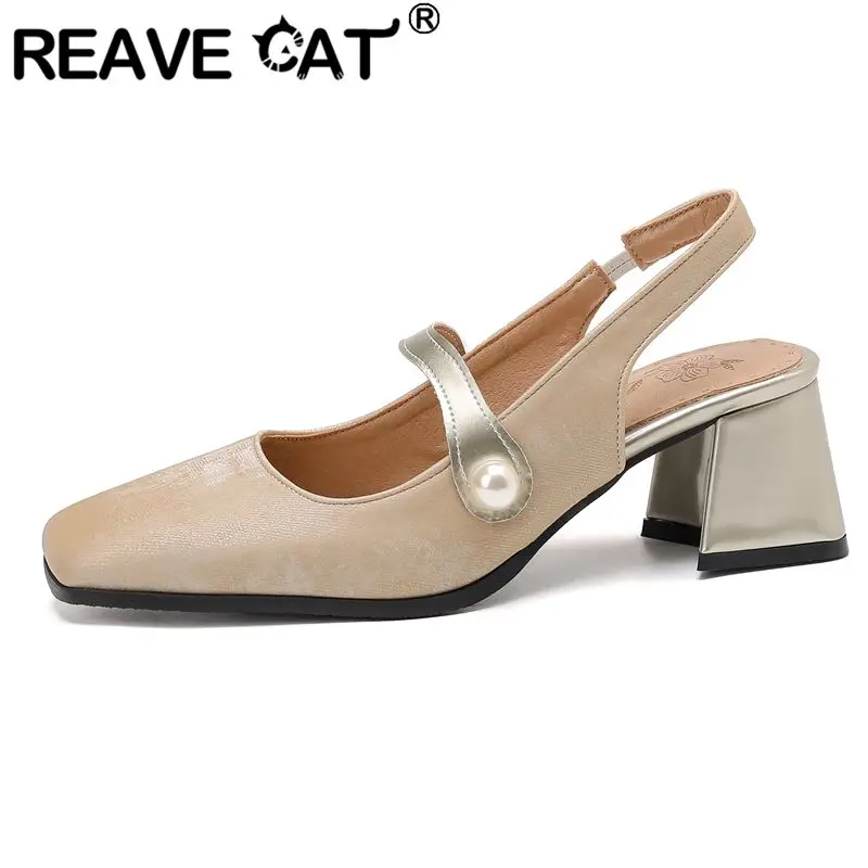 

REAVE CAT 2025 Новый дизайн Женские сандалии с квадратным носком и блочным каблуком 6 см с ремешком на спине без шнуровки плюс размер 45 46 47 48 Sweet Dating Shoes