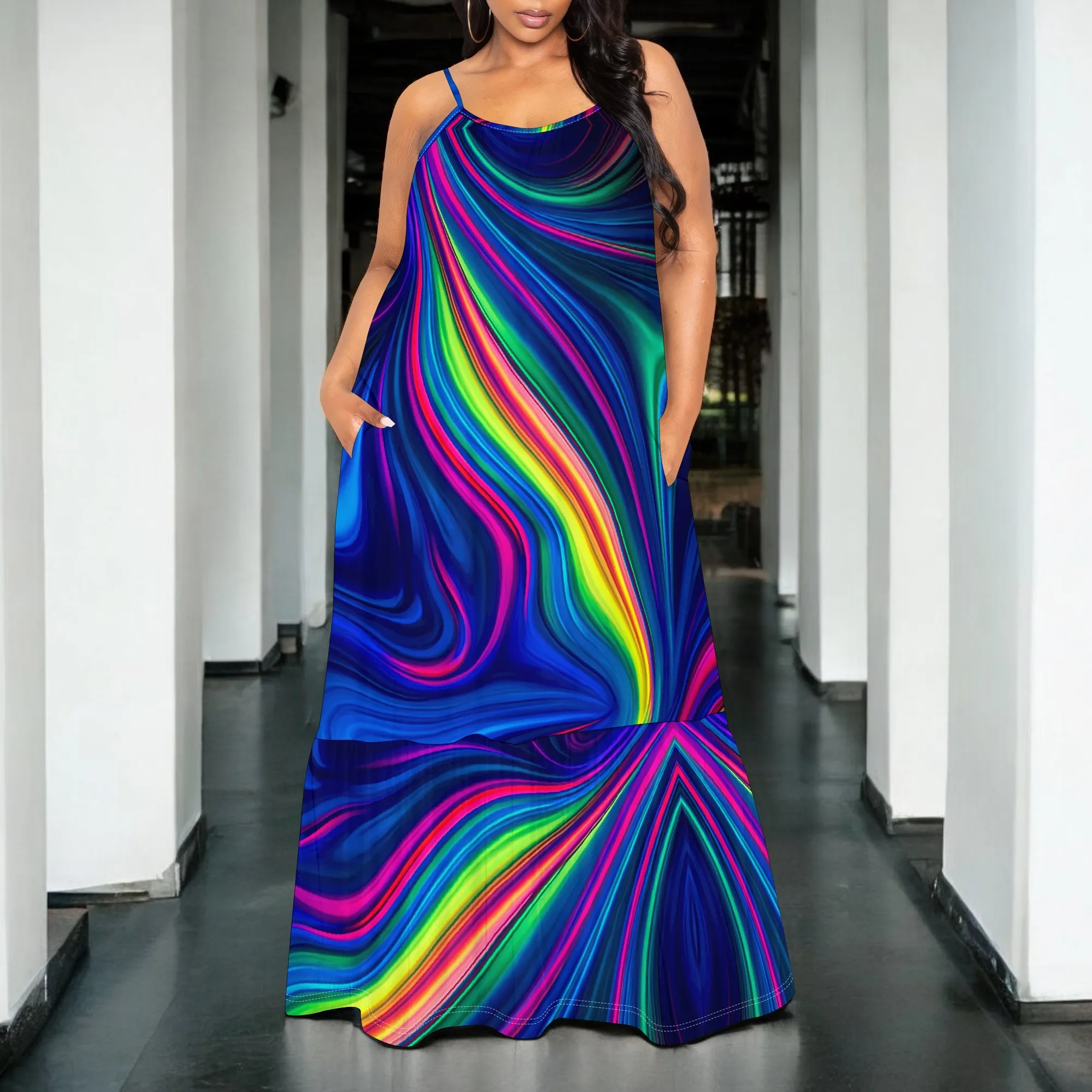 

Neon Rainbow Swirl Print Maxi Dress S-3XL Spaghetti Strap Loose Fit Long Style for Pride Parade, Rave Party or Festival Look