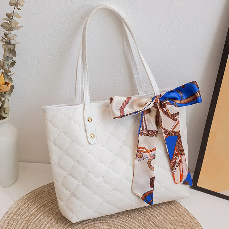 Large Capacity Quilted Large Tote Shoulder Bag with Printed Silk Scarf Decor Women Elegant Daily Work Shopping Travel Hand Purse