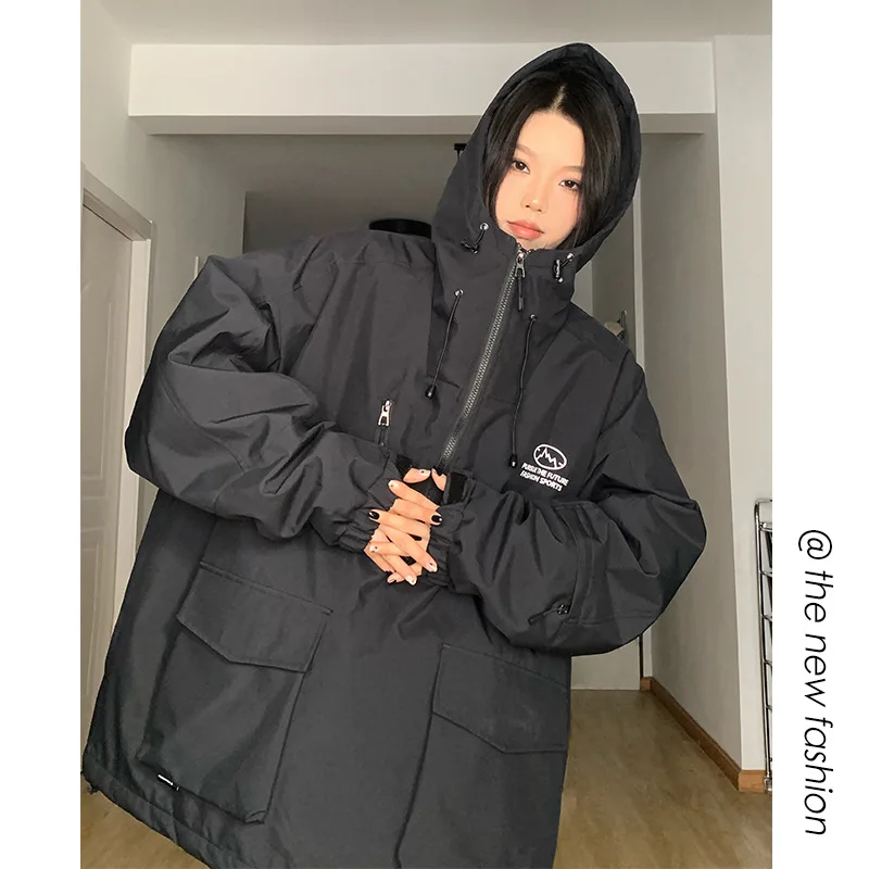 フード付き スノースポーツジャケット 男性女性フード付き防風大きなポケットユニセックス暖かいプラスサイズ