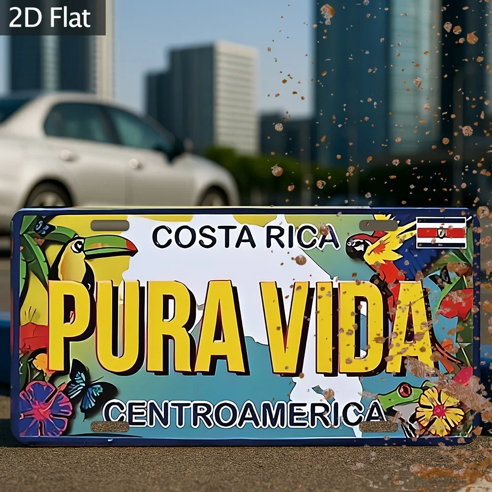 Costa Rica Pura Vida Tropical Wildlife Themed Aluminum Metal Sign 2D Flat Printing Retro License Plate Style Wall Decor for H