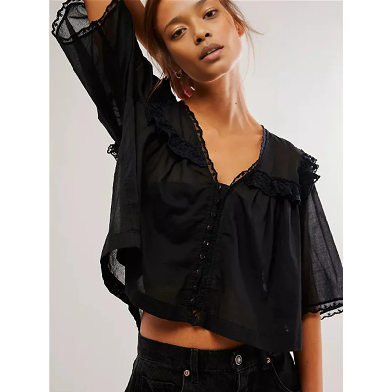 AOAO-Mulher Y2K Ver Através Peplum Camisa Plissado Renda Guarnição Botões Tops Manga Curta Gola Boneca Babydoll Blusa