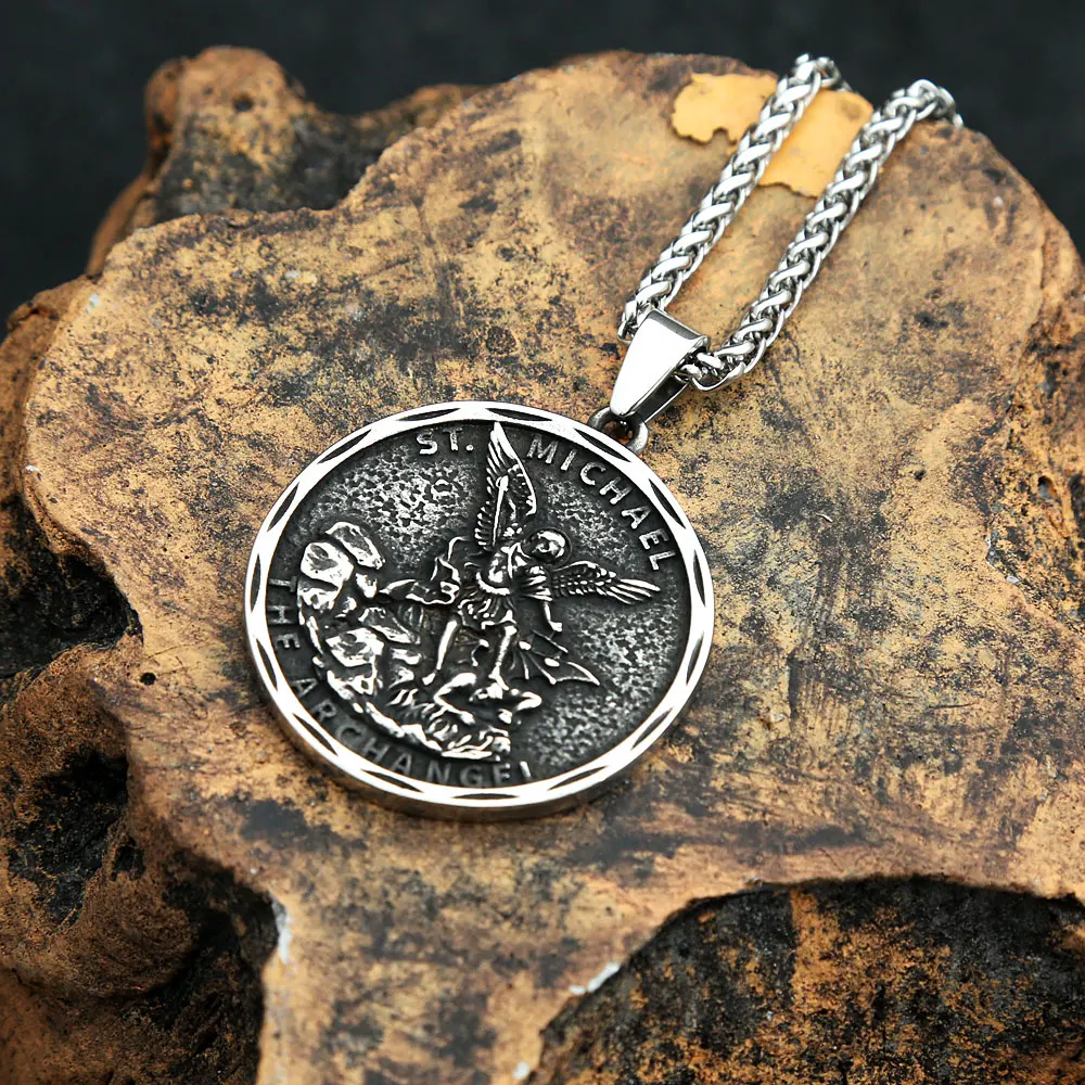 Vintage Men Stainless Steel Archangel St.Michael Guardian Pendant Necklaces Fashion Jewelry Creativity Chains Gifts Wholesale