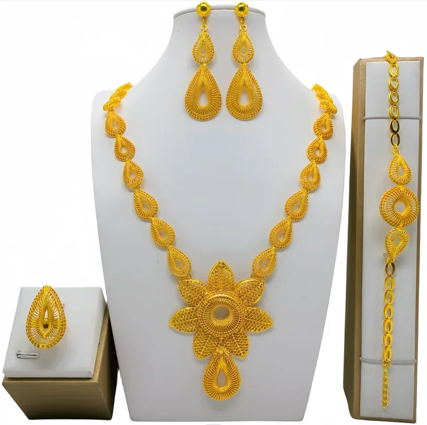 Luxury Indian Big Bow Shape Bridal Long Tassel Necklace Earrings Sets Dubai Gold Color Plated Jewelry Set Ethiopian Jewellery