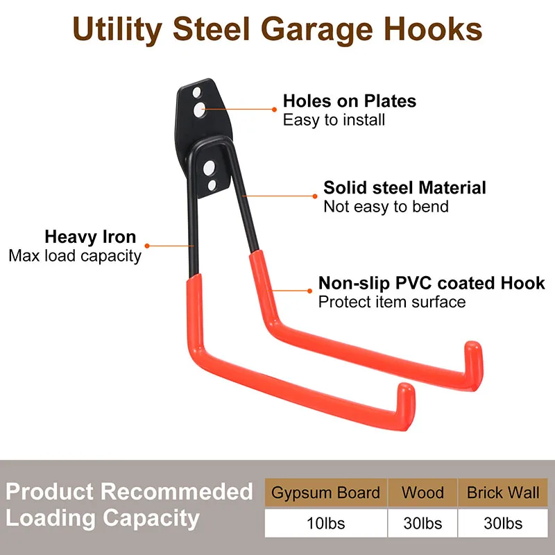 6Pack Garage Hooks Heavy Duty Metal Hook Garage Organizer Wall Mount Garage Hanger Utility Storage Hooks for Bike Ladders Garden