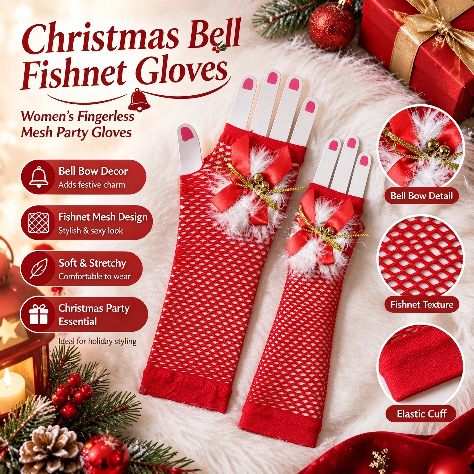 Christmas Fishnet Long Gloves with Bells Bow Furry Decor Fingerless Mesh Gloves Women Xmas Party Cosplay Costume Accessory