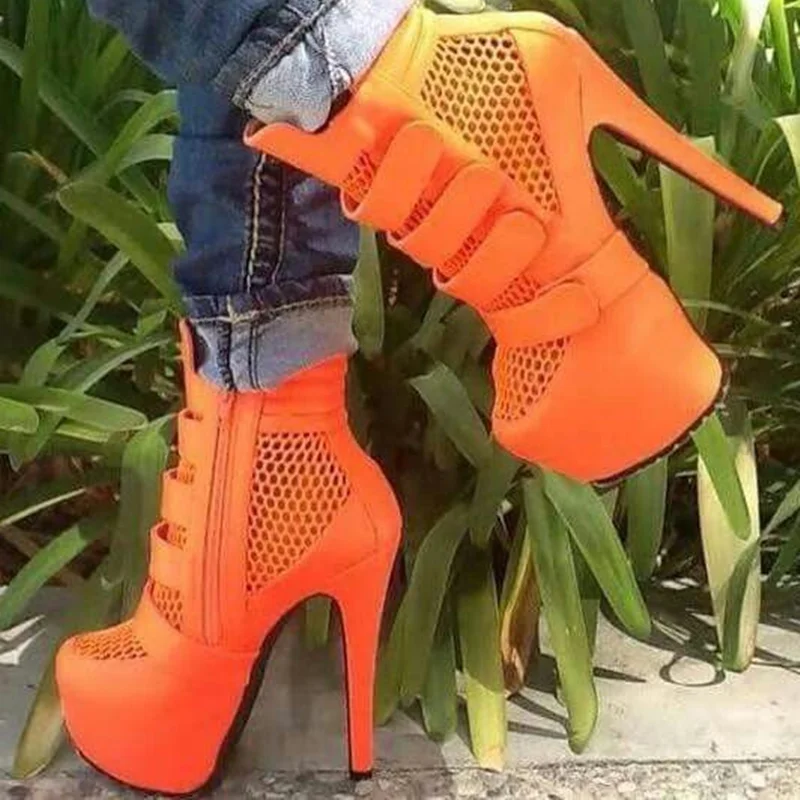 Platform Net Shinback Leather Ankle Boots Sexy Pointed Toe Thin Heel Hook New Arrival Autumm/Winter Modern Boots