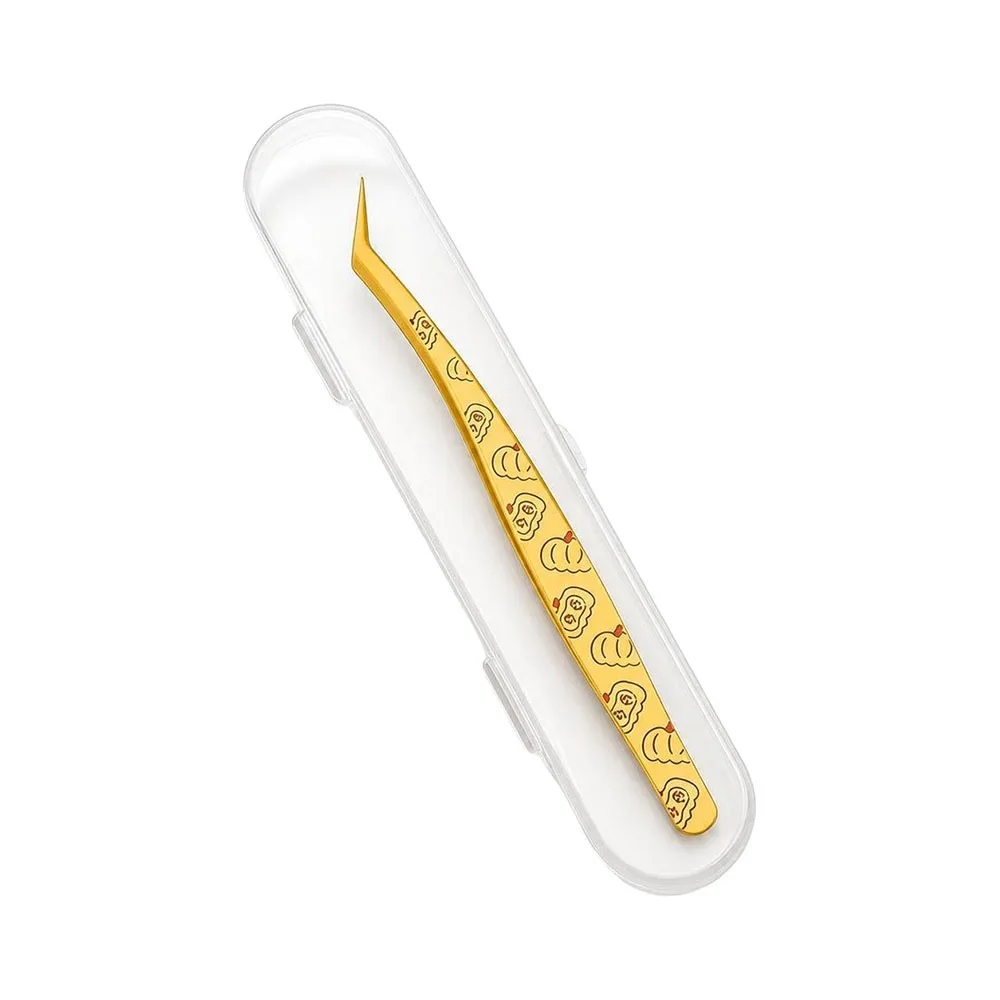 Stainless Steel Curved Stickers Tweezers High Precision Anti-static Lashes Extension Tweezer With Leather Case Cartoon Fruits