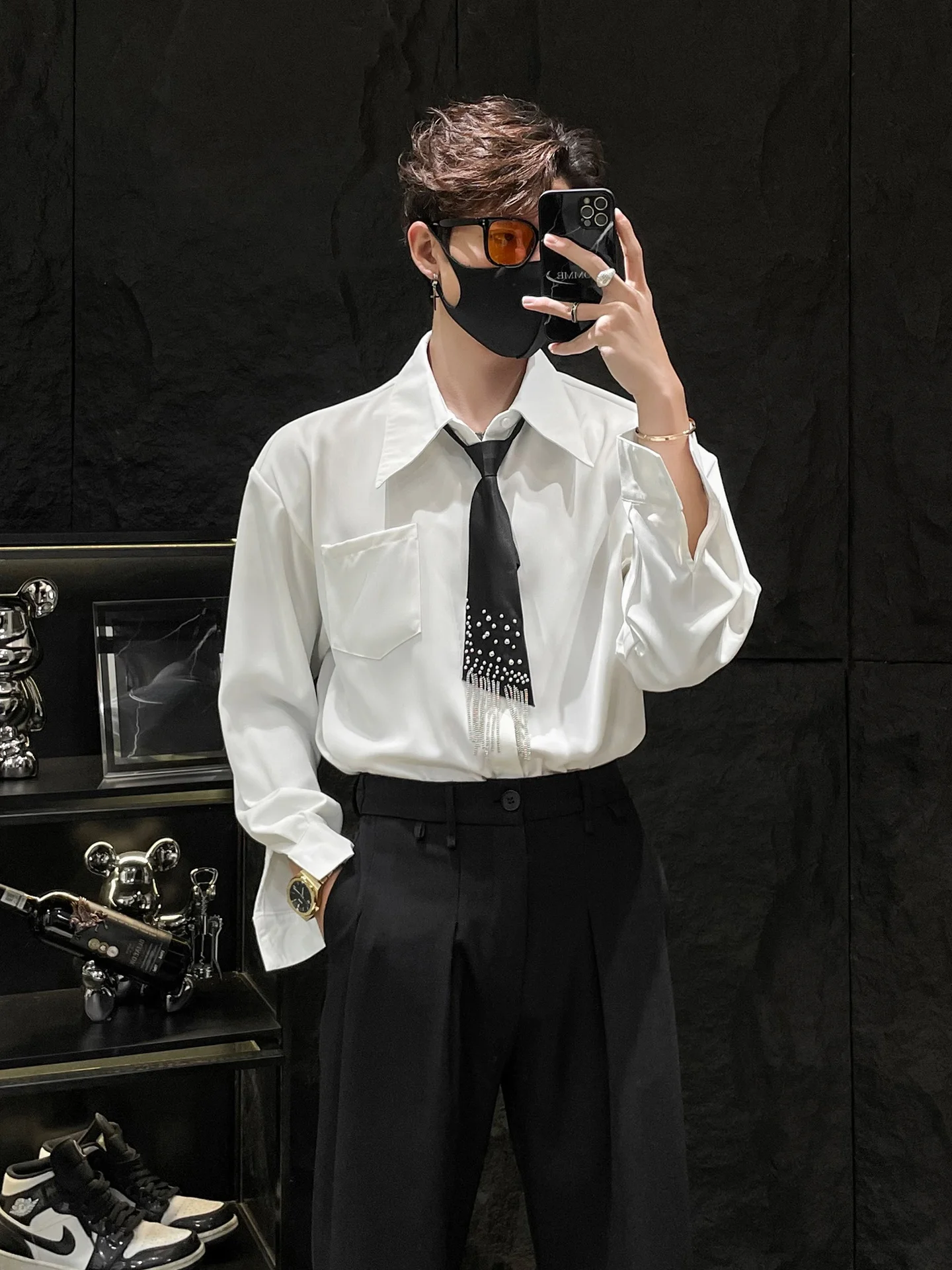 

Loose Fit Long Sve Men's irt HOMME New White Tie irt Casual oulder Pad Iron Free Polyester Fiber Youth Trend