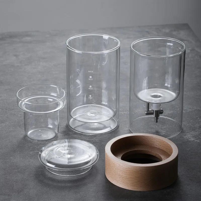 Vertical Double Glass Cold Brew Pot Wooden Collar Slow Drip Coffee Brewing Tool